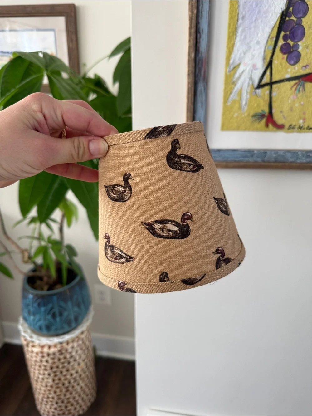 Duck Pattern Tan Linen Lamp Shade - Neutral Home Accent - Vintage - Mallard